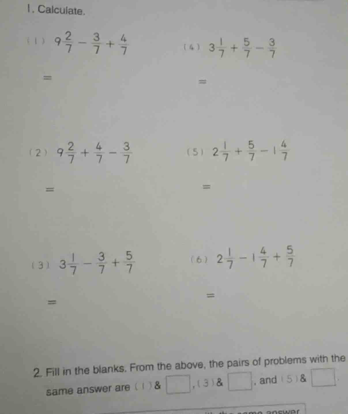 1. calculate. (1) \\(9\\frac{2}{7} - \\frac{3}{7} + \\frac{4}{7}\\) = (…