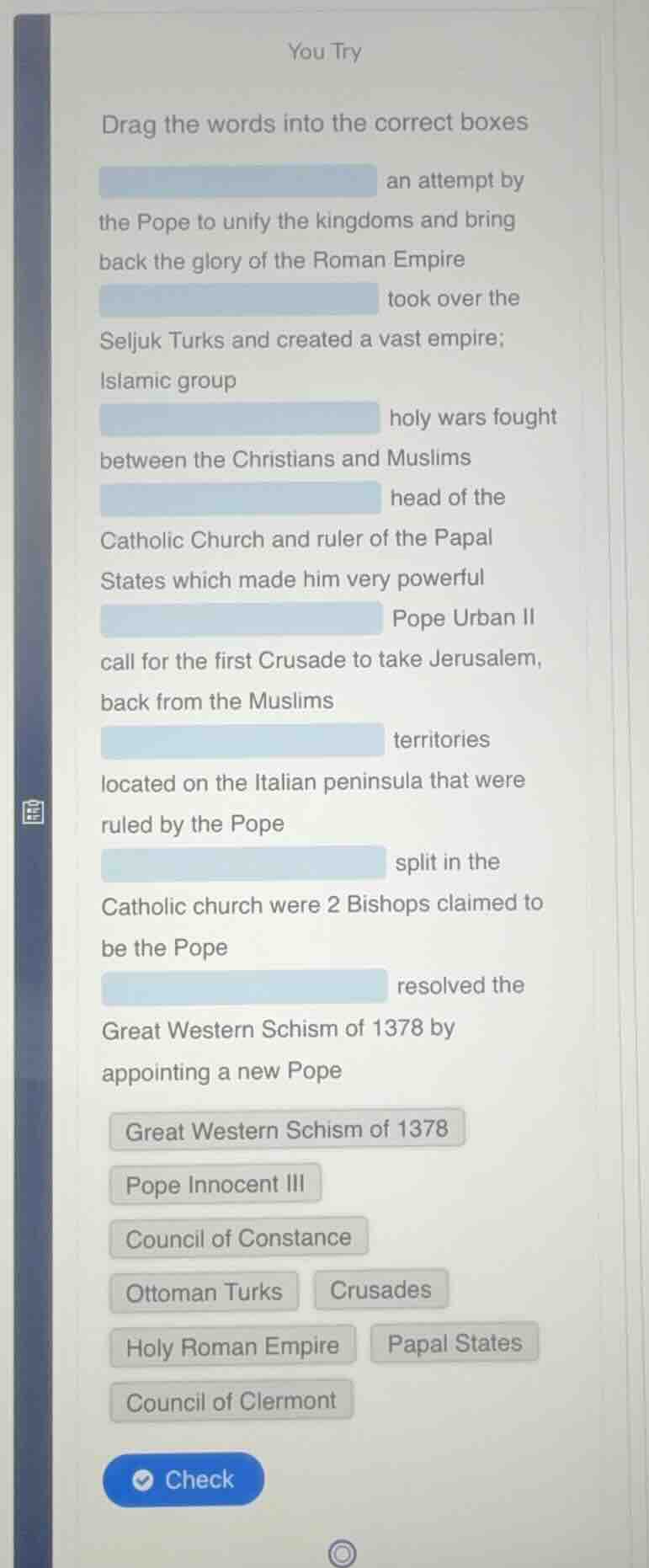 you try drag the words into the correct boxes an attempt by the pope to…
