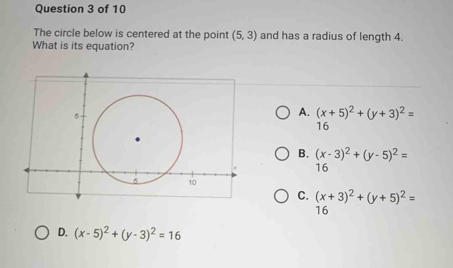 question 3 of 10 the circle below is centered at the point \\((5, 3)\\)…