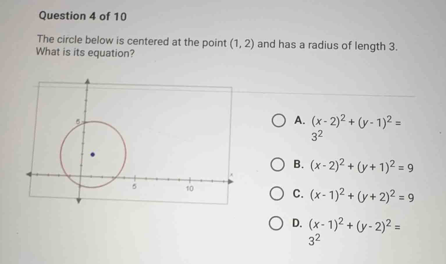 question 4 of 10 the circle below is centered at the point (1, 2) and h…