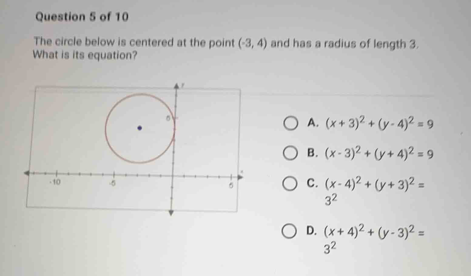 question 5 of 10 the circle below is centered at the point (-3, 4) and …