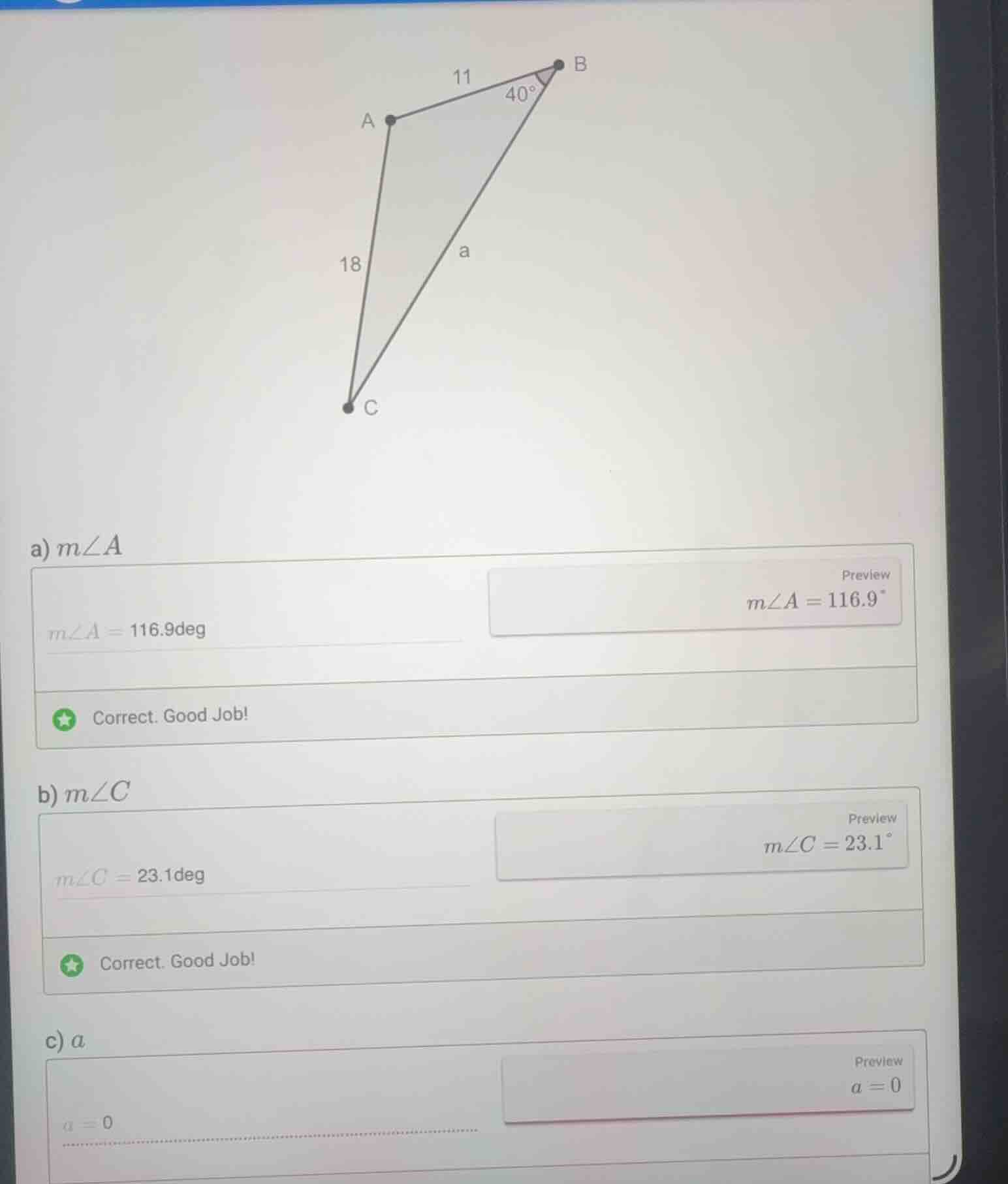 a) \\(m\\angle a\\) b) \\(m\\angle c\\) c) \\(a\\)