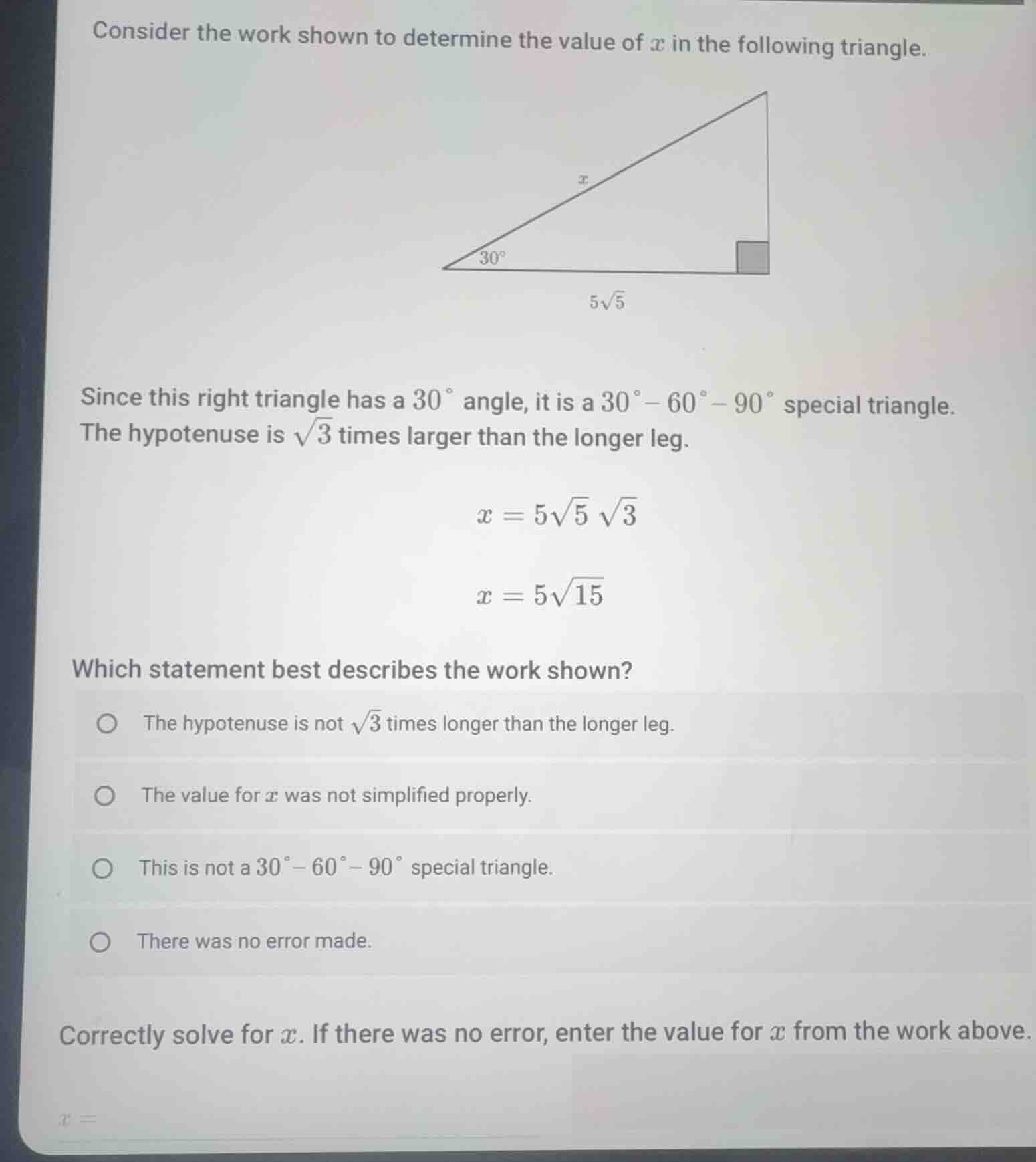 consider the work shown to determine the value of \\(x\\) in the follow…