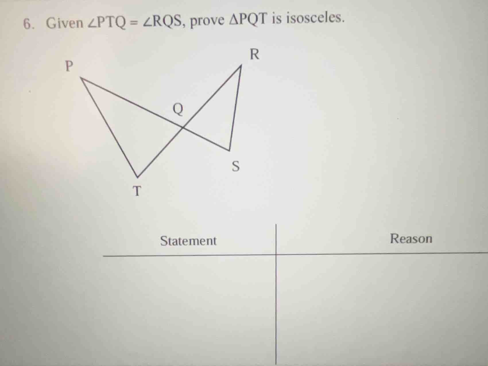 6. given \\(\\angle ptq = \\angle rqs\\), prove \\(\\delta pqt\\) is is…