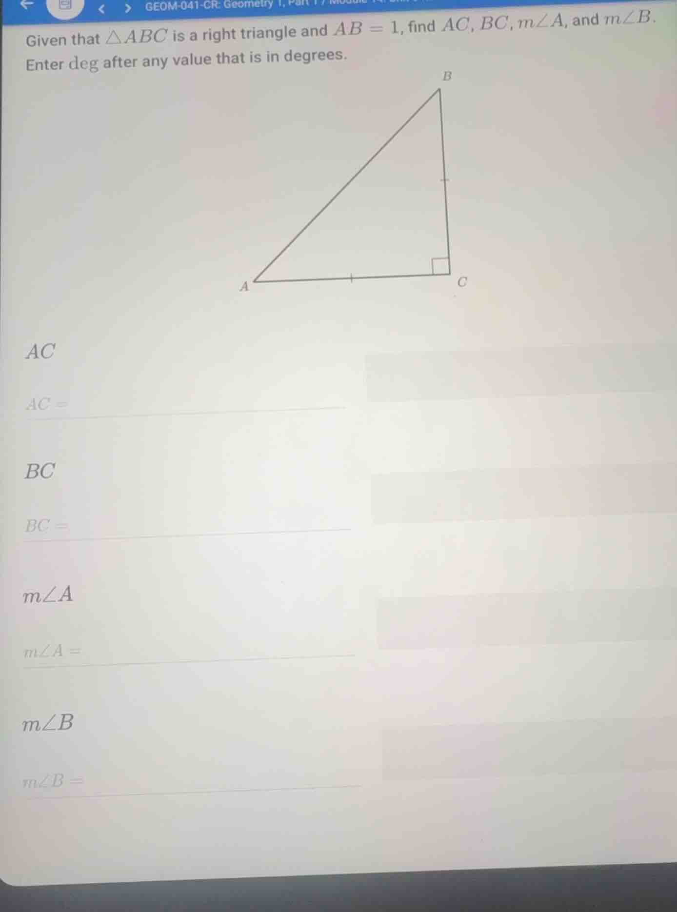 given that \\(\\triangle abc\\) is a right triangle and \\(ab = 1\\), f…