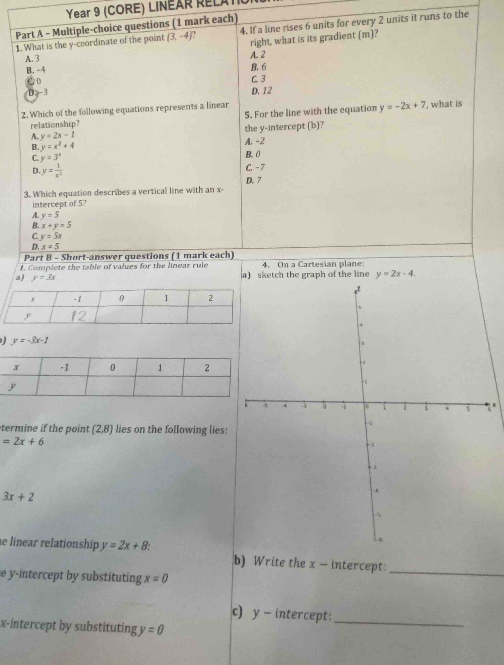 year 9 (core) linear relationships part a - multiple-choice questions (…