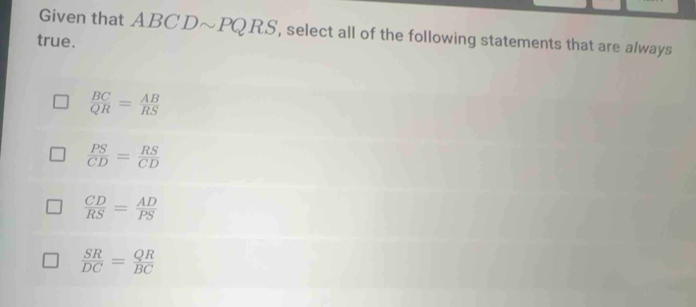 given that \\(abcd \\sim pqrs\\), select all of the following statement…