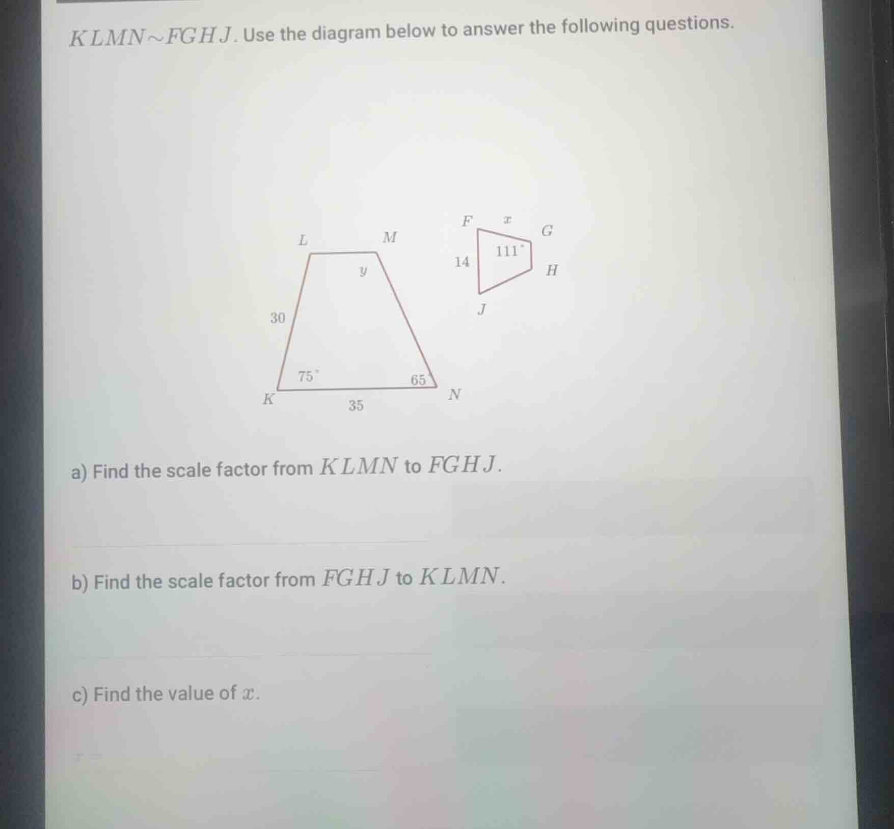 klmn \\sim fghj. use the diagram below to answer the following question…
