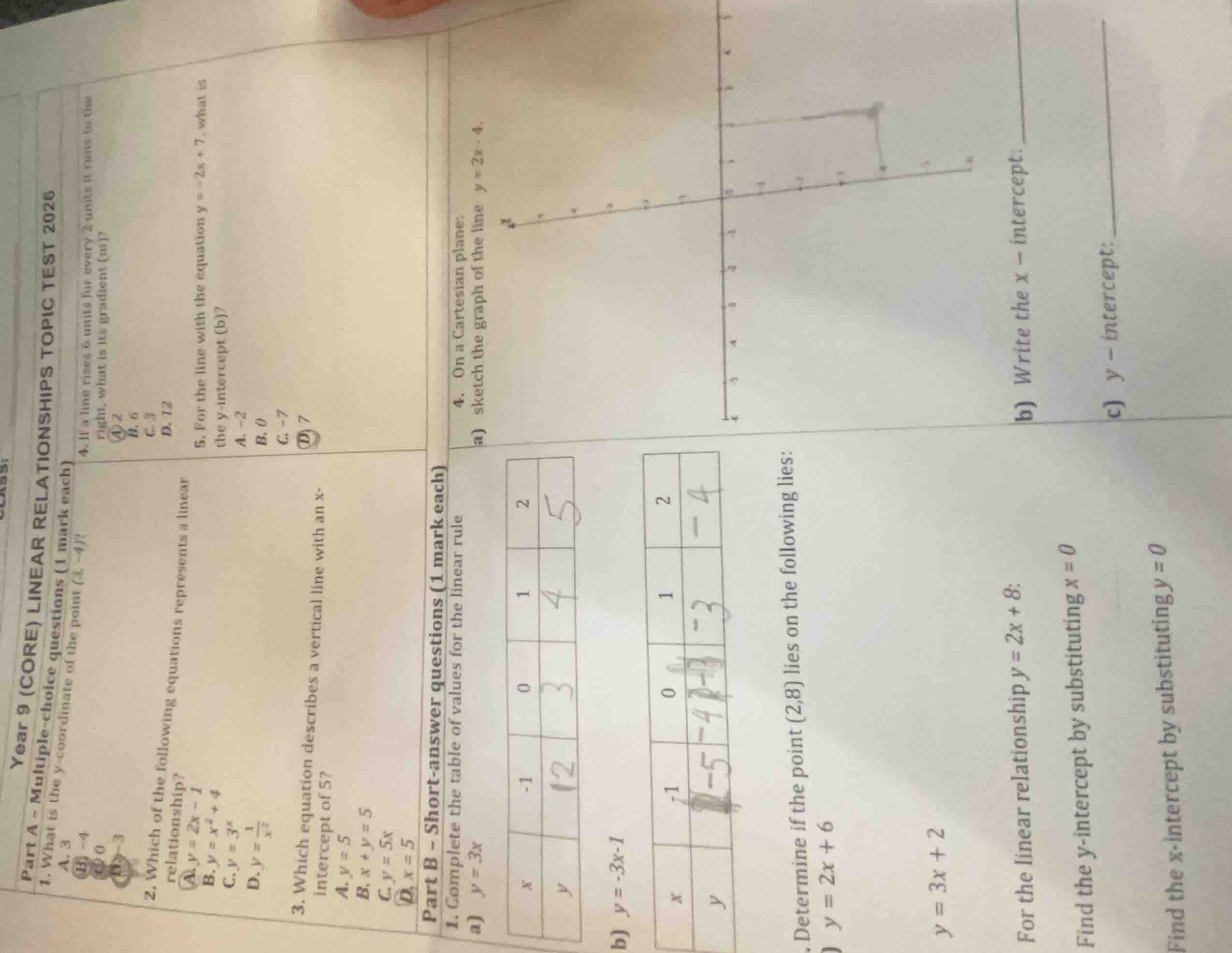 year 9 (core) linear relationships topic test 2026 part a - multiple-ch…
