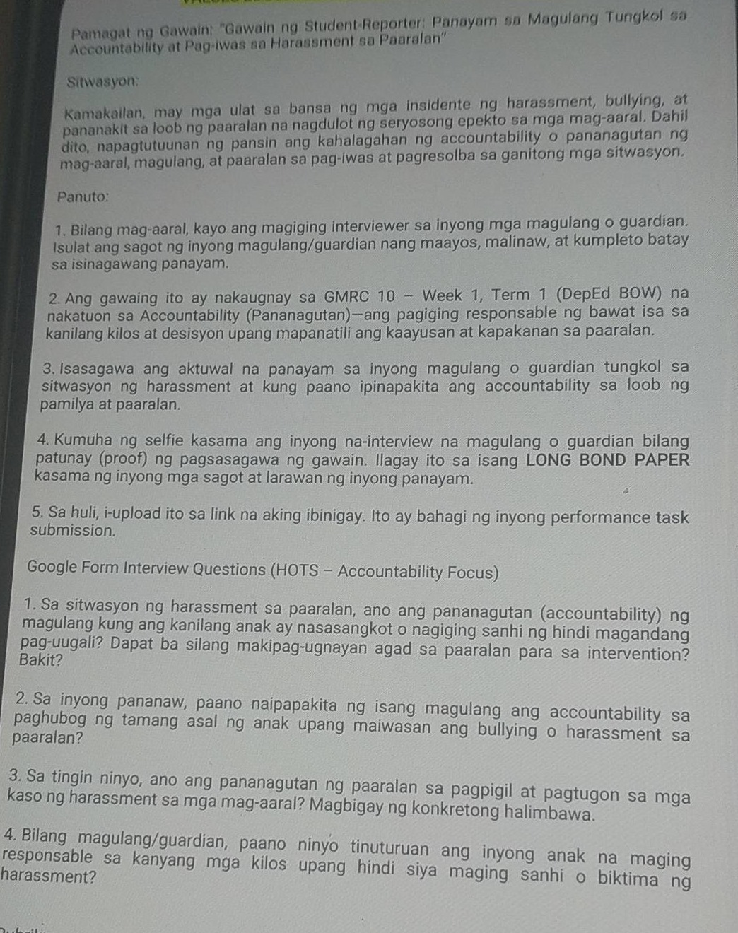 pamagat ng gawain: \gawain ng student-reporter: panayam sa magulang tun…