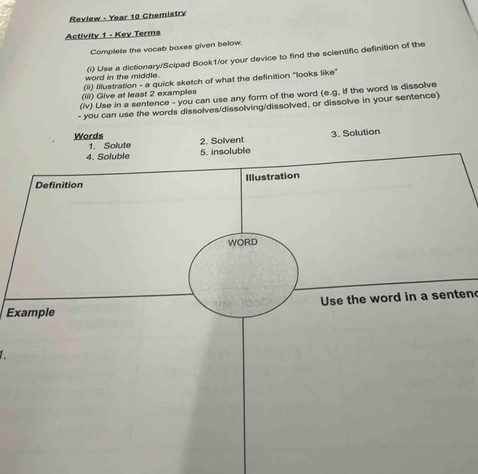 review - year 10 chemistry activity 1 - key terms complete the vocab bo…