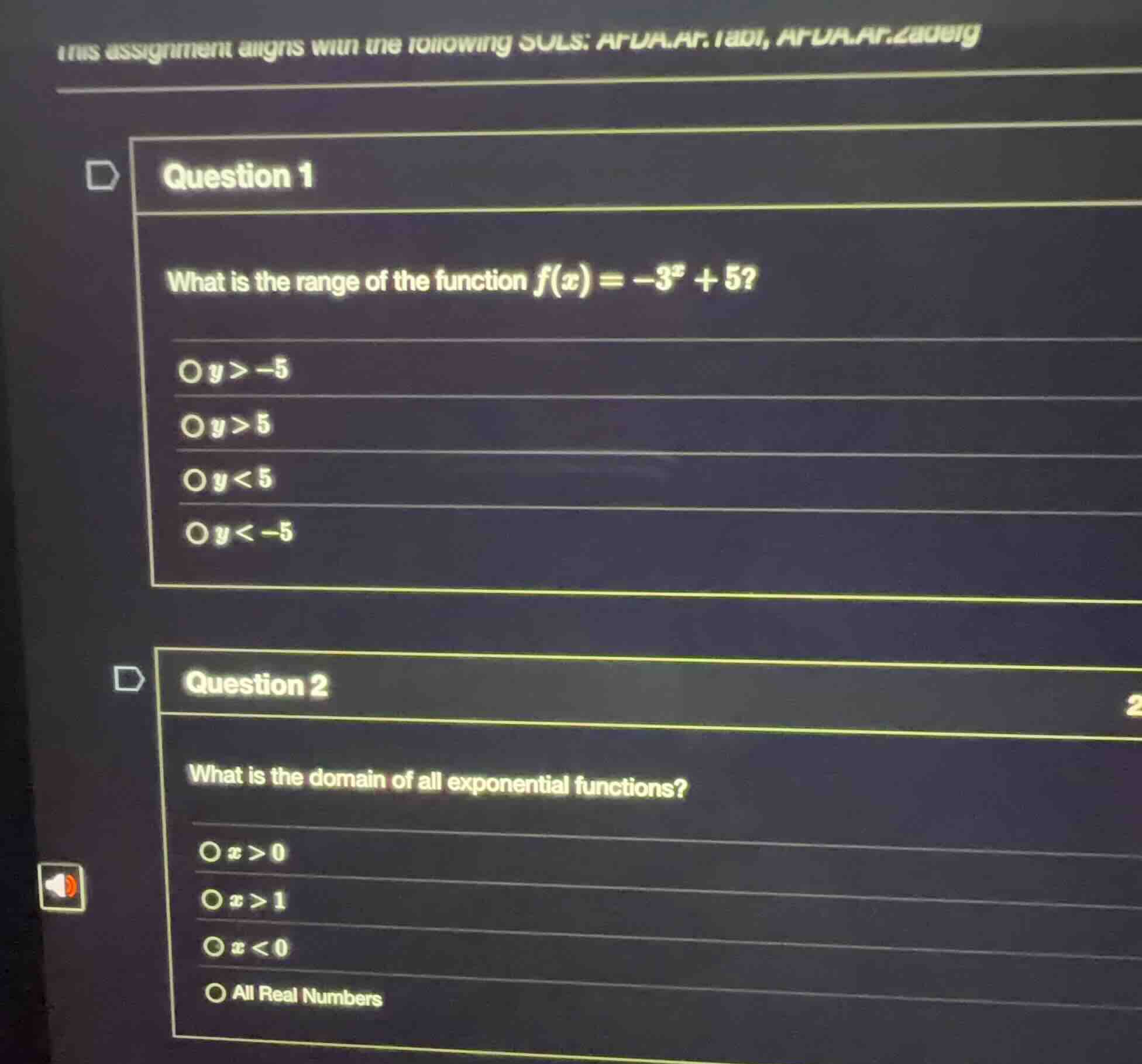 question 1 what is the range of the function (f(x) = -3^x + 5)? (y > -5…