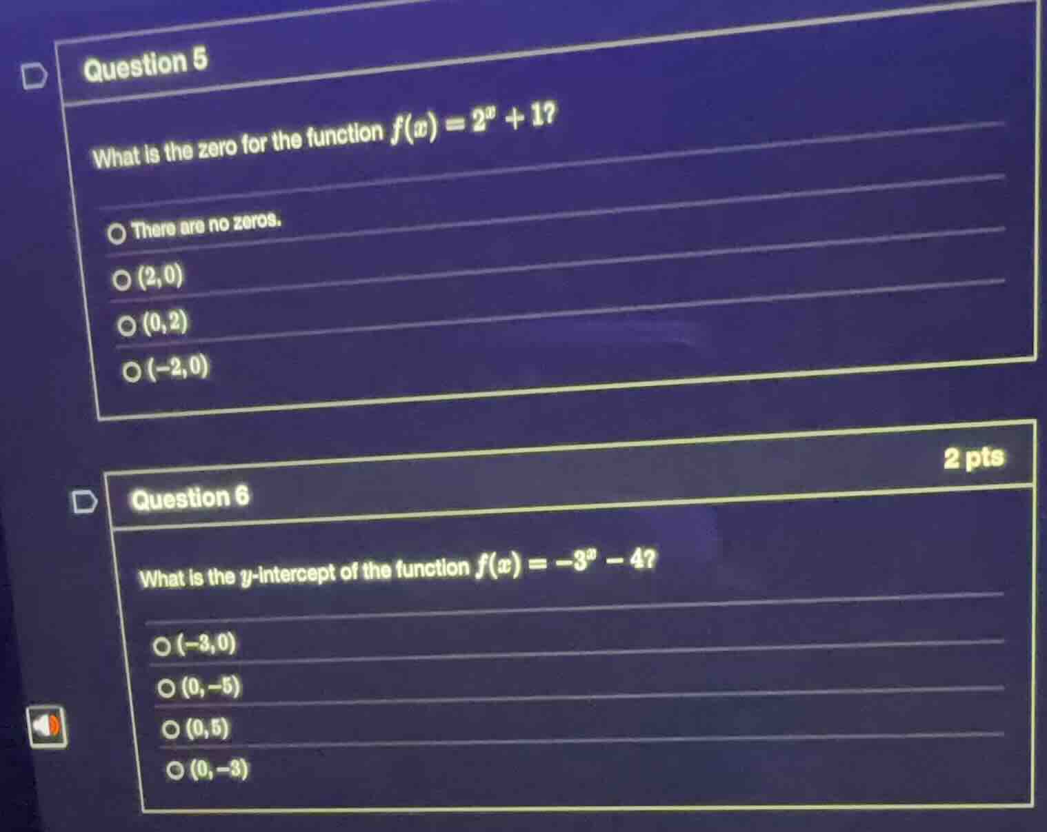 question 5 what is the zero for the function \\(f(x) = 2^x + 1\\)? ther…