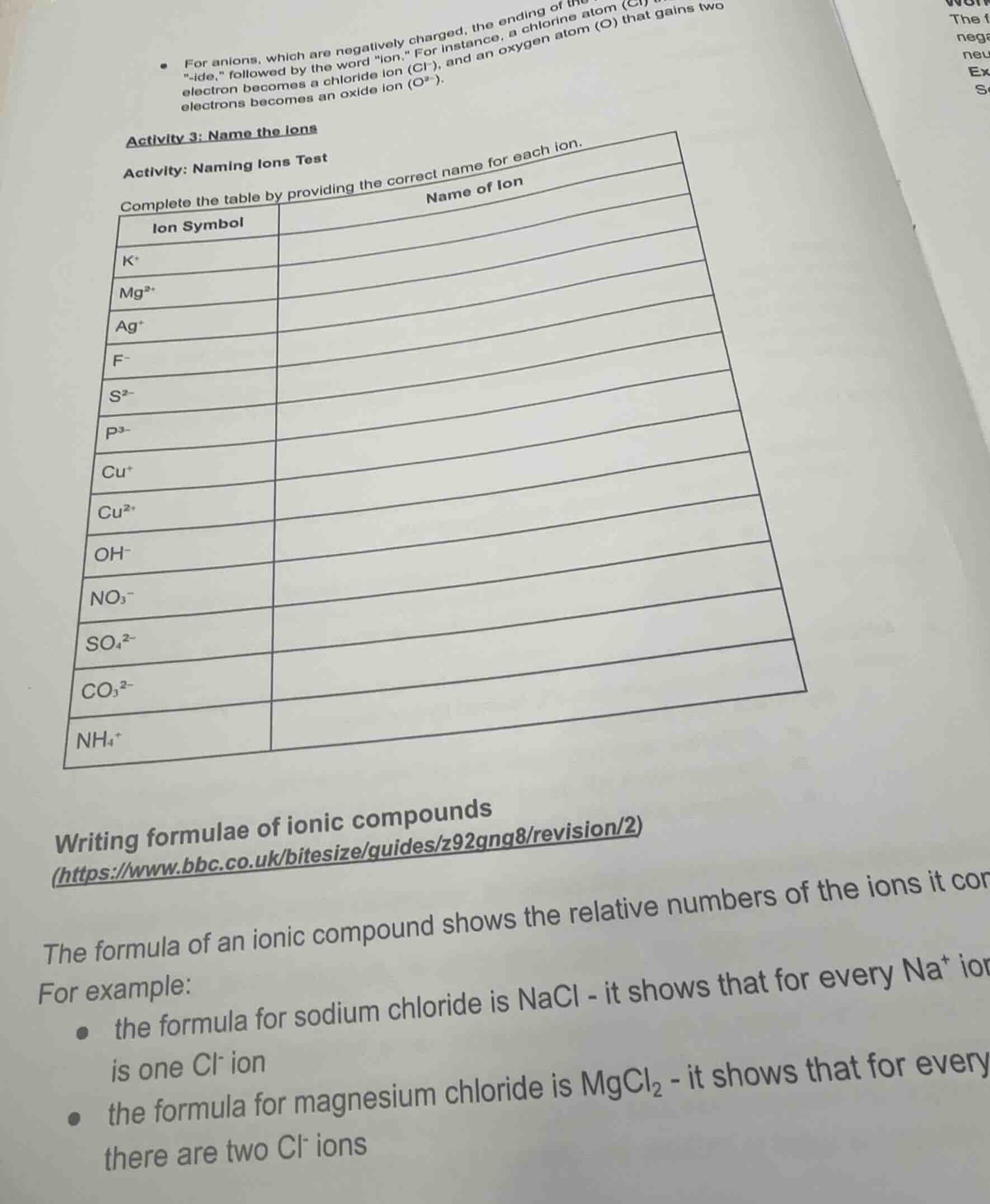activity 3: name the ions activity: naming ions test complete the table…