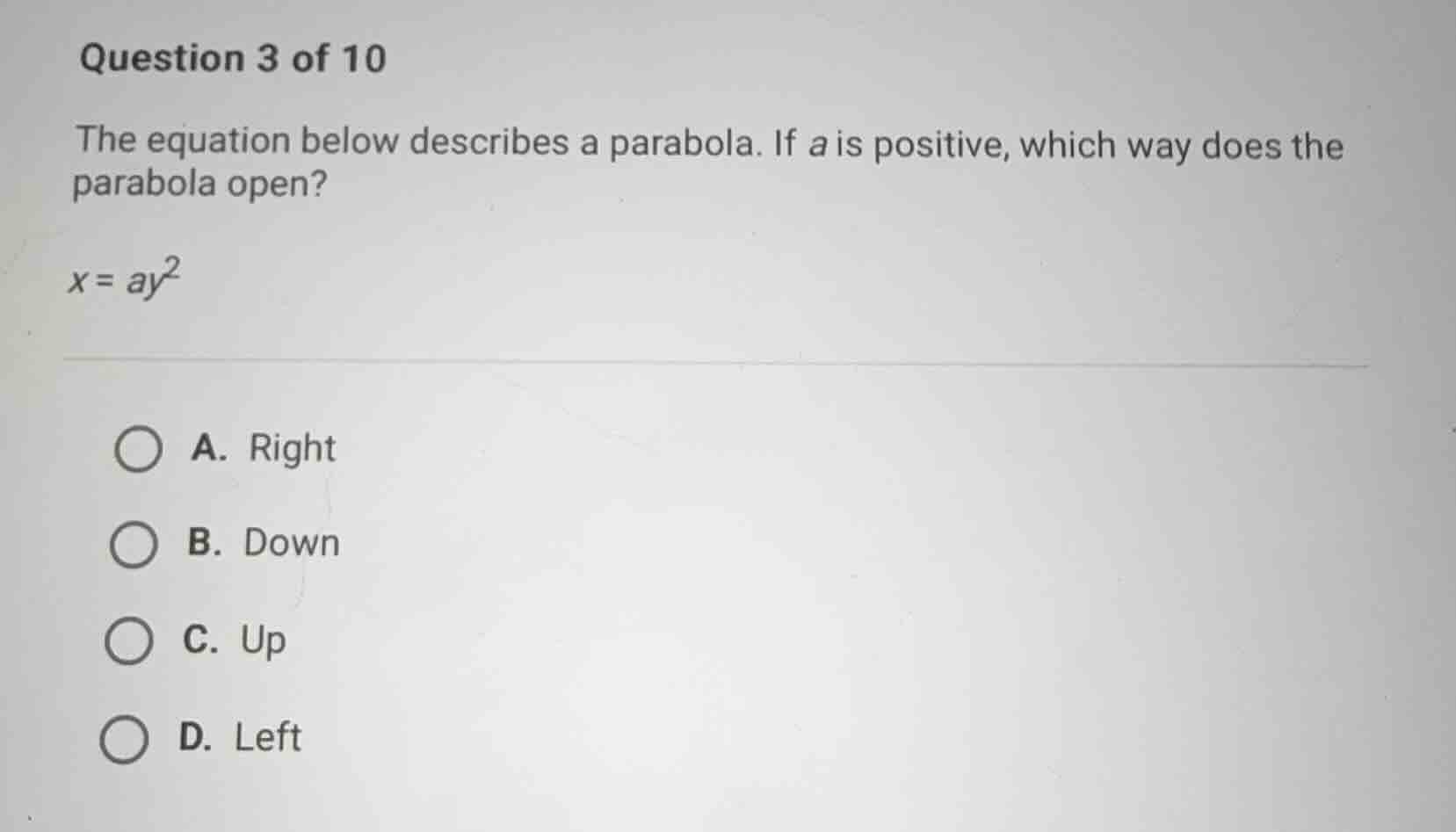 question 3 of 10 the equation below describes a parabola. if (a) is pos…
