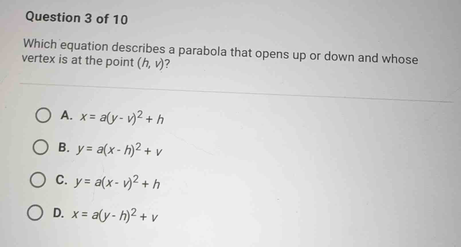 question 3 of 10 which equation describes a parabola that opens up or d…