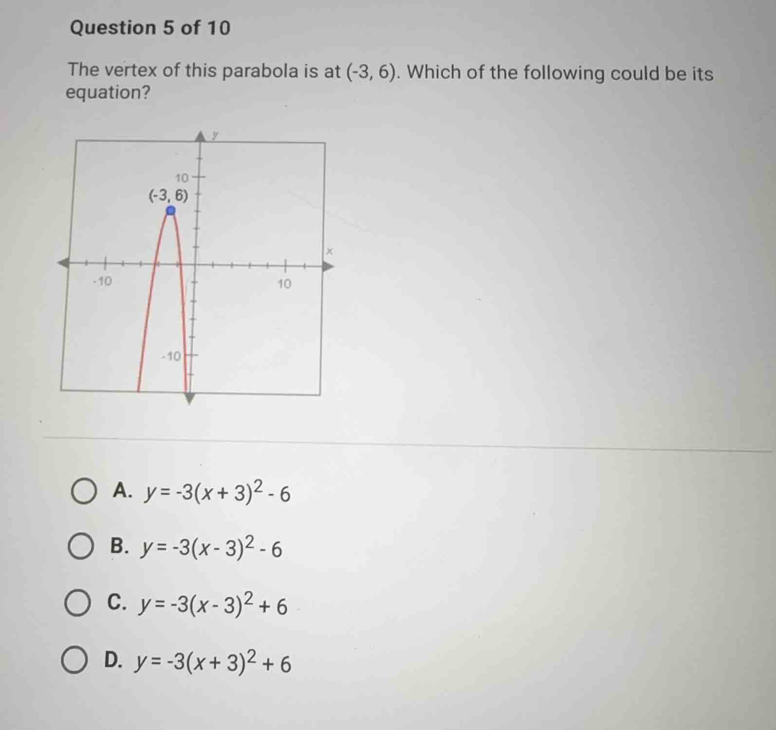 question 5 of 10 the vertex of this parabola is at (-3, 6). which of th…