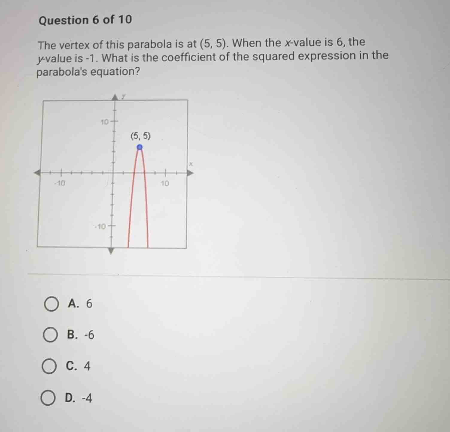 question 6 of 10 the vertex of this parabola is at (5, 5). when the \\(…