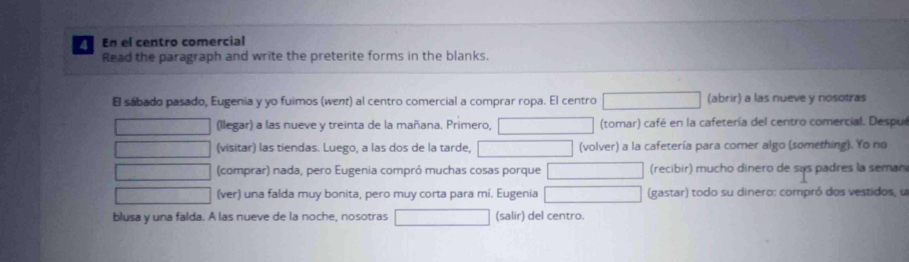 4 en el centro comercial read the paragraph and write the preterite for…