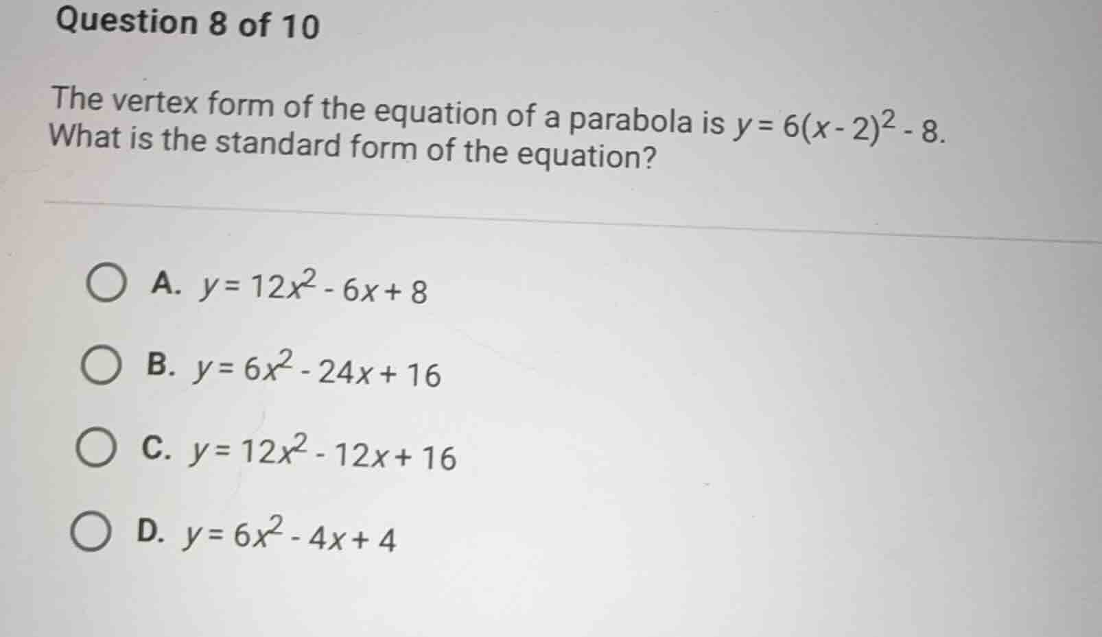 question 8 of 10 the vertex form of the equation of a parabola is \\(y …