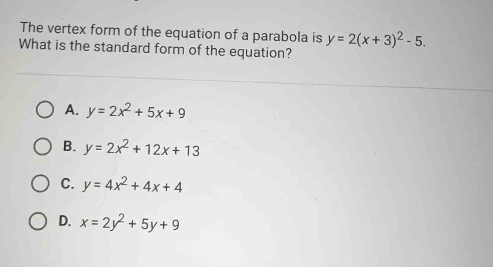 the vertex form of the equation of a parabola is \\(y = 2(x + 3)^2 - 5\…