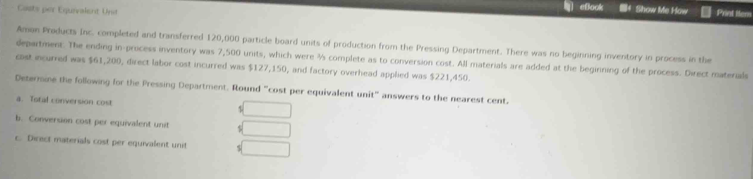 costs per equivalent unit amon products inc. completed and transferred …