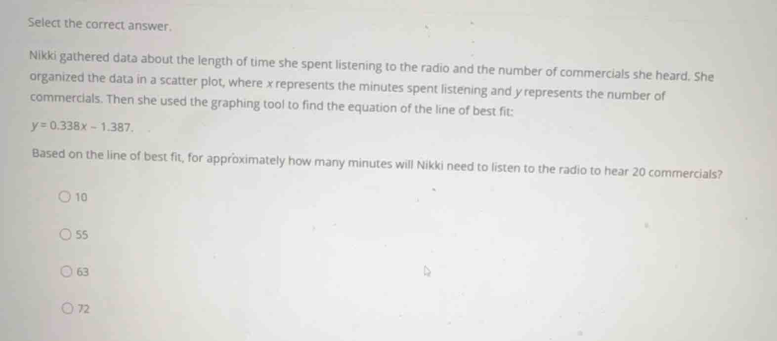 select the correct answer. nikki gathered data about the length of time…