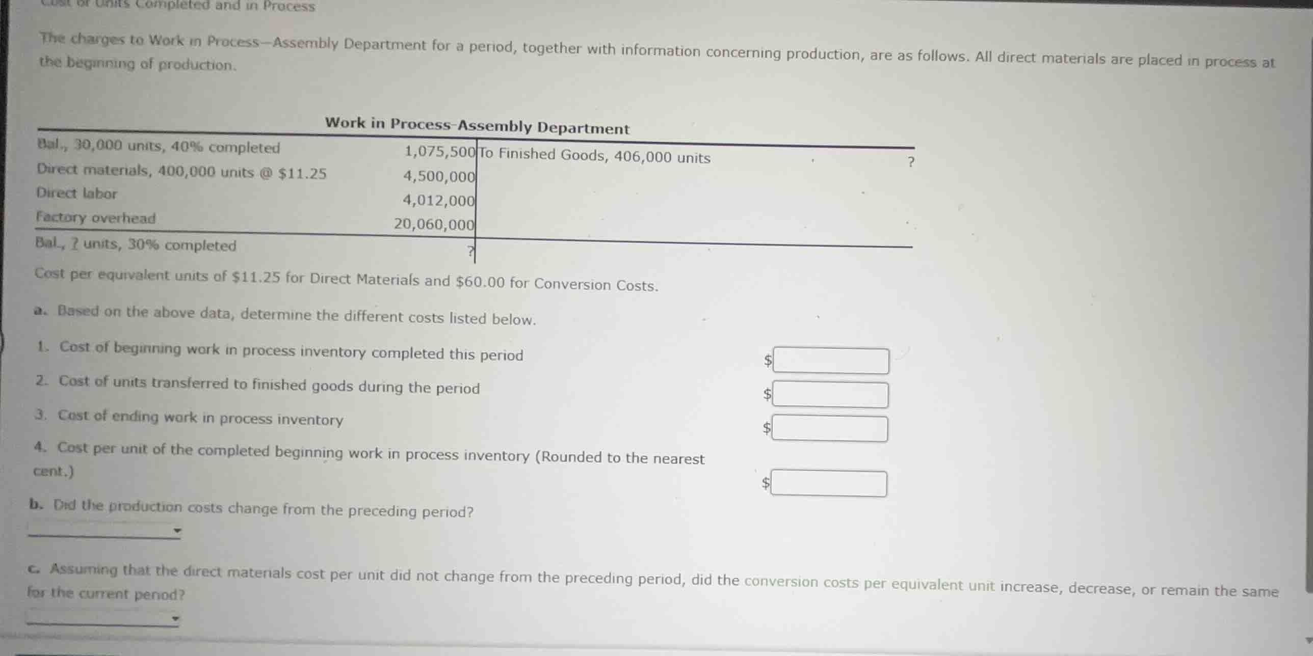 the charges to work in process-assembly department for a period, togeth…