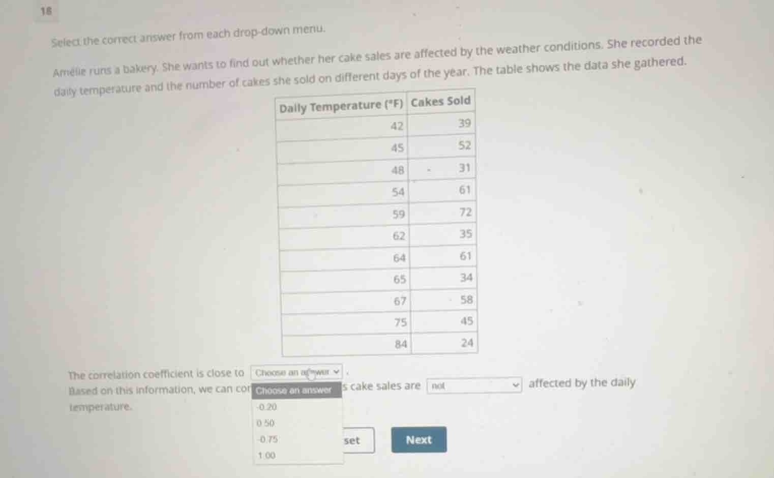 select the correct answer from each drop-down menu. amélie runs a baker…