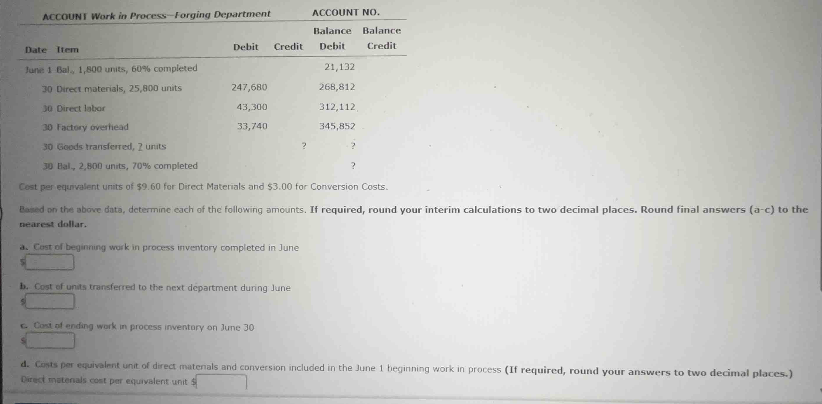 account work in process-forging department account no. date item debit …