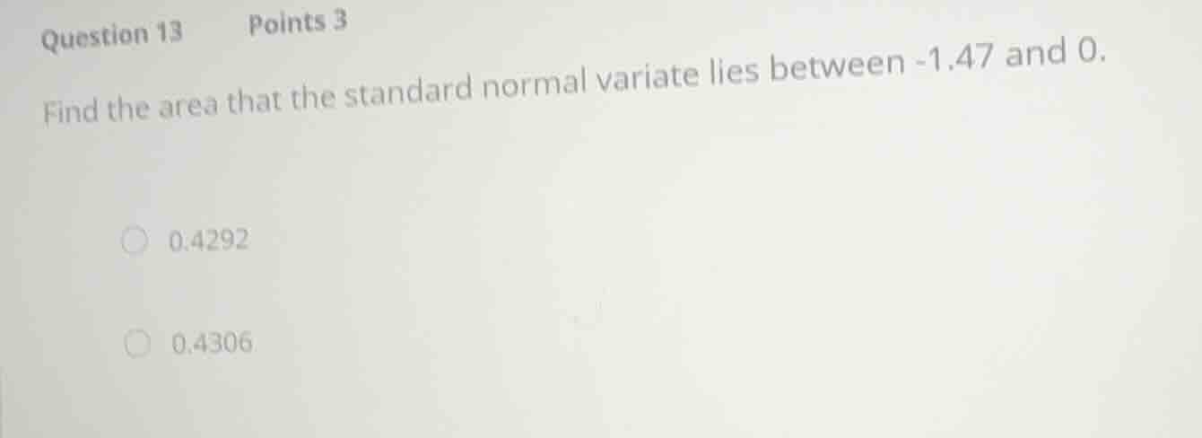 question 13 points 3 find the area that the standard normal variate lie…