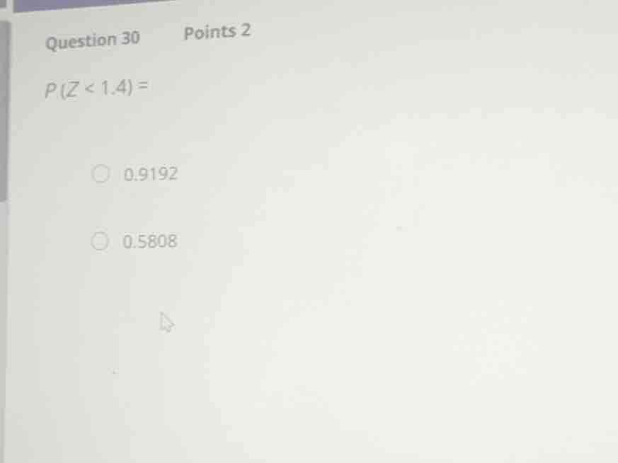 question 30 points 2 \\(p(z < 1.4) =\\) - 0.9192 - 0.5808