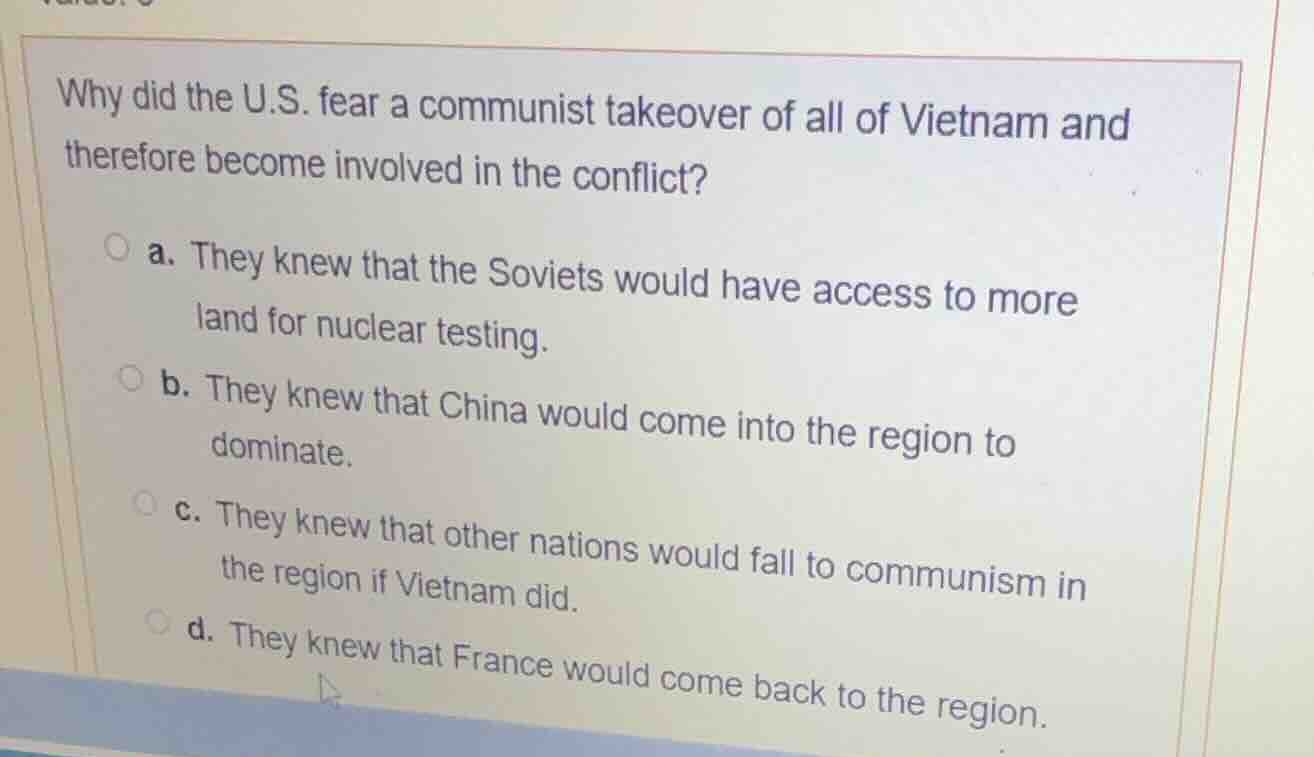 why did the u.s. fear a communist takeover of all of vietnam and theref…