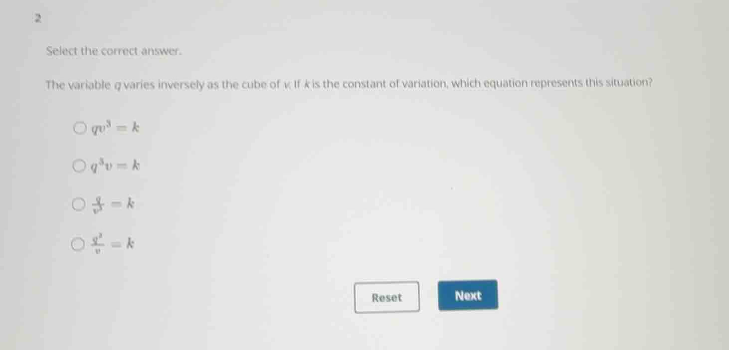 select the correct answer. the variable \\(q\\) varies inversely as the…