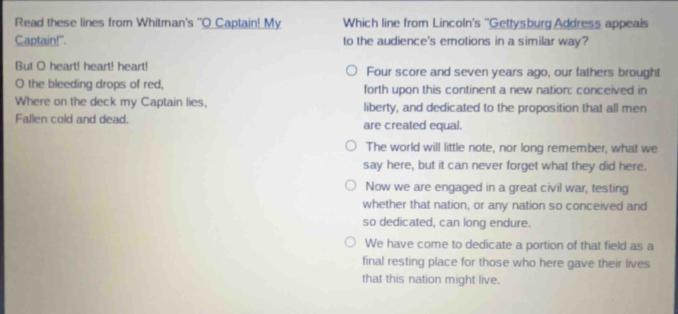 read these lines from whitmans \o captain! my captain!\. but o heart! h…