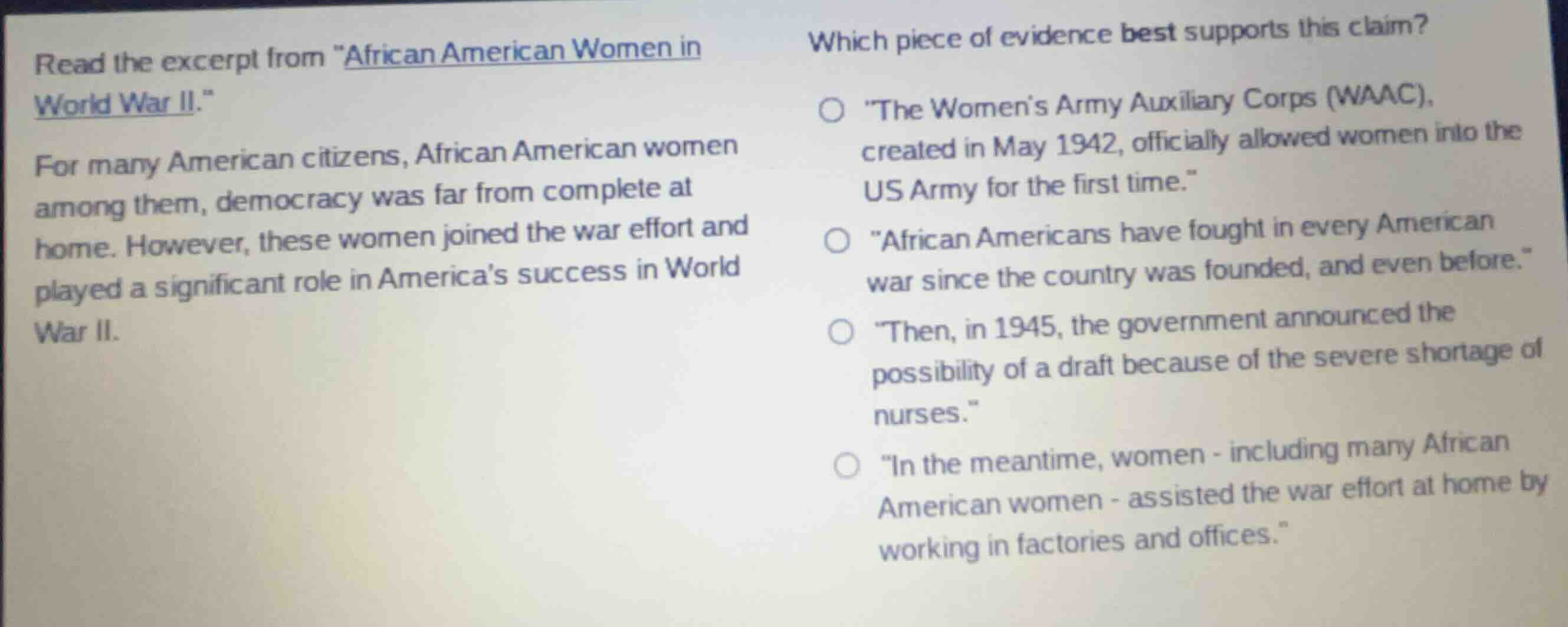read the excerpt from \african american women in world war ii.\ for man…