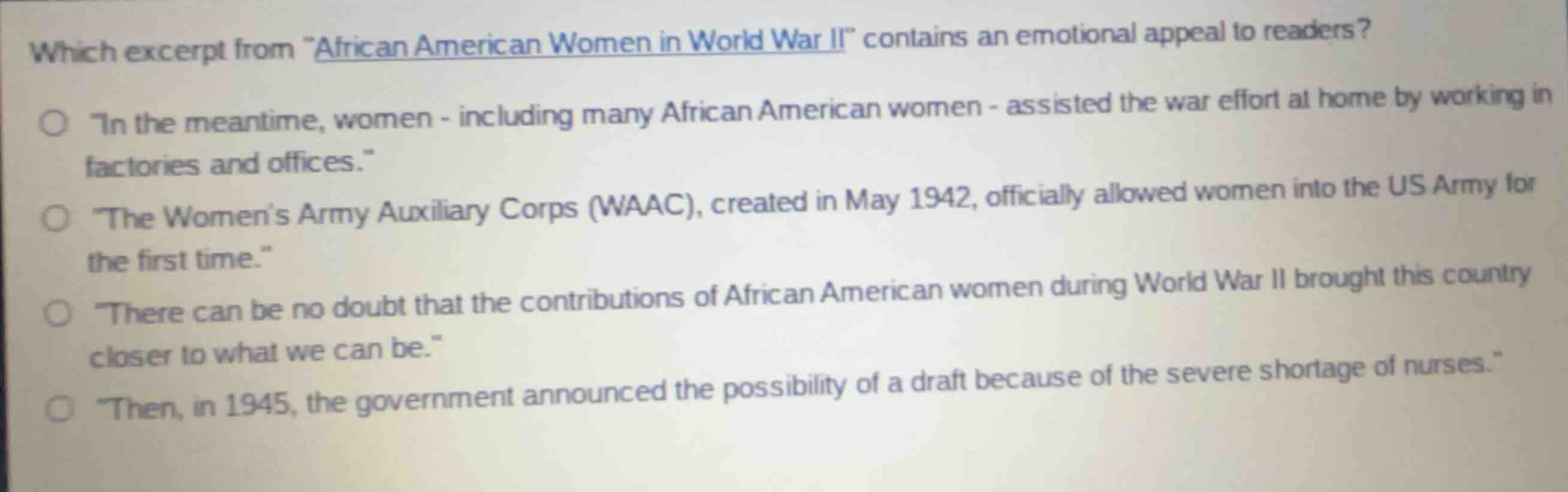 which excerpt from \african american women in world war ii\ contains an…