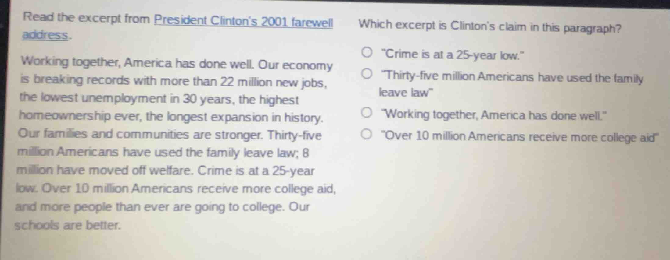 read the excerpt from president clintons 2001 farewell address. working…