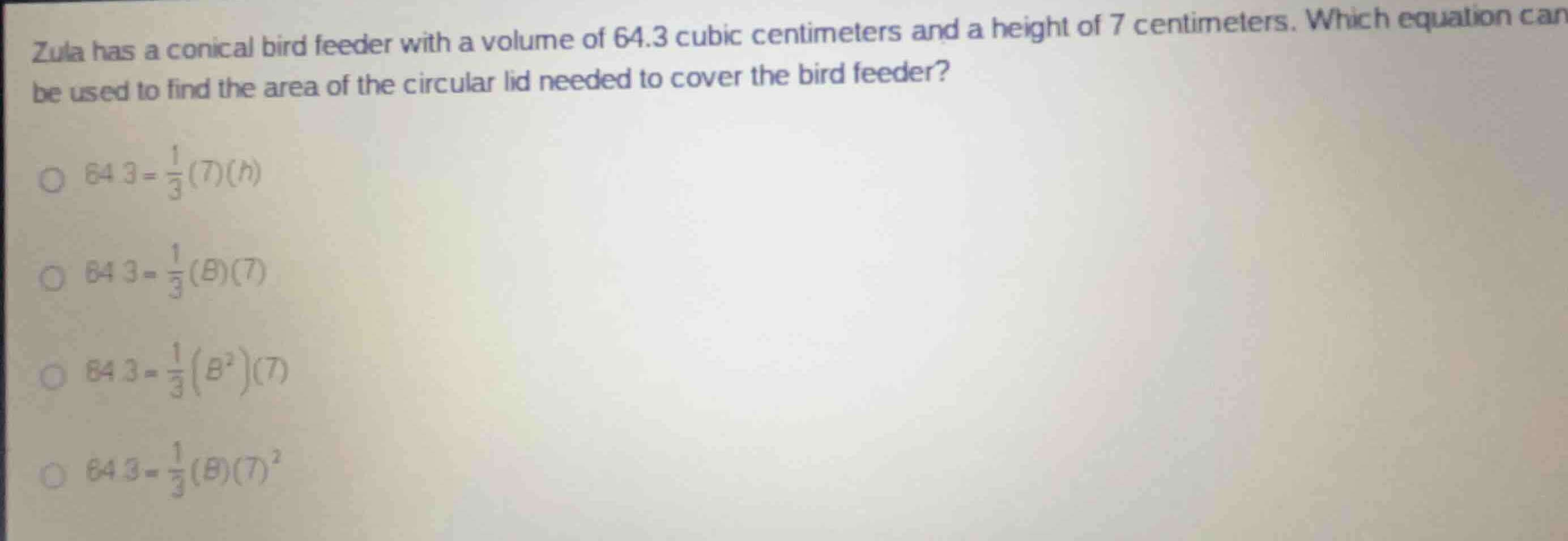 zula has a conical bird feeder with a volume of 64.3 cubic centimeters …