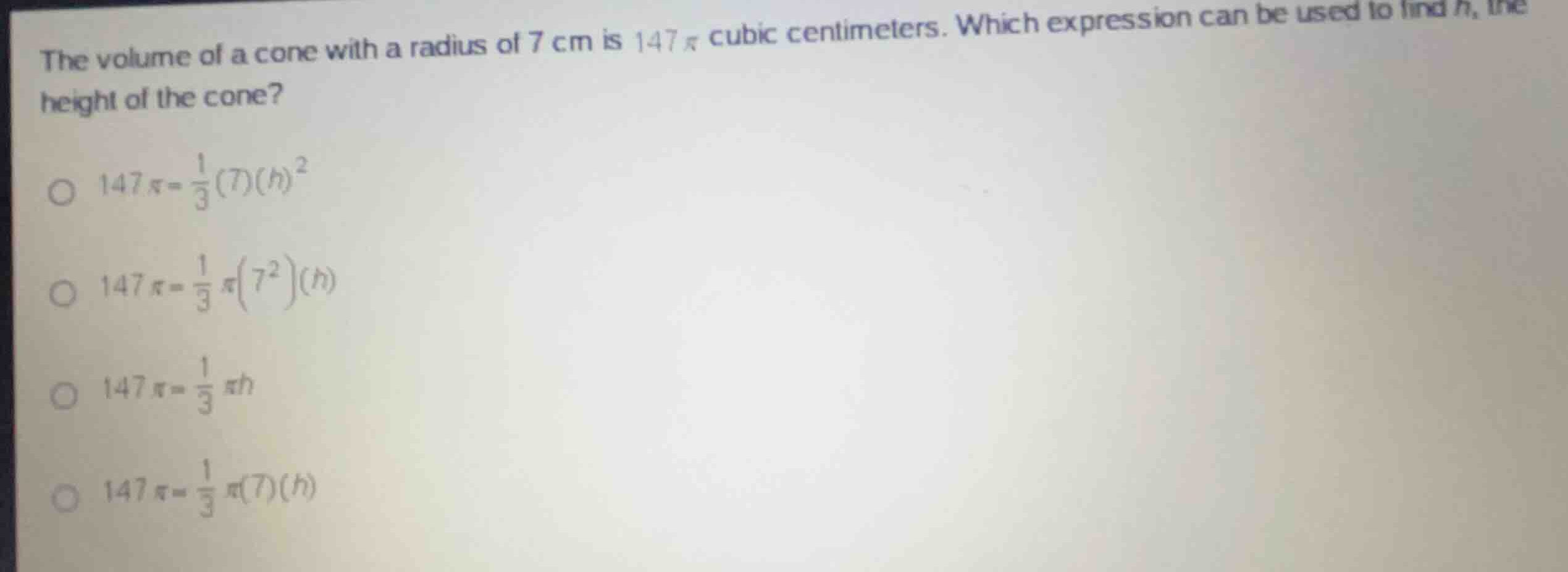 the volume of a cone with a radius of 7 cm is \\(147\\pi\\) cubic centi…