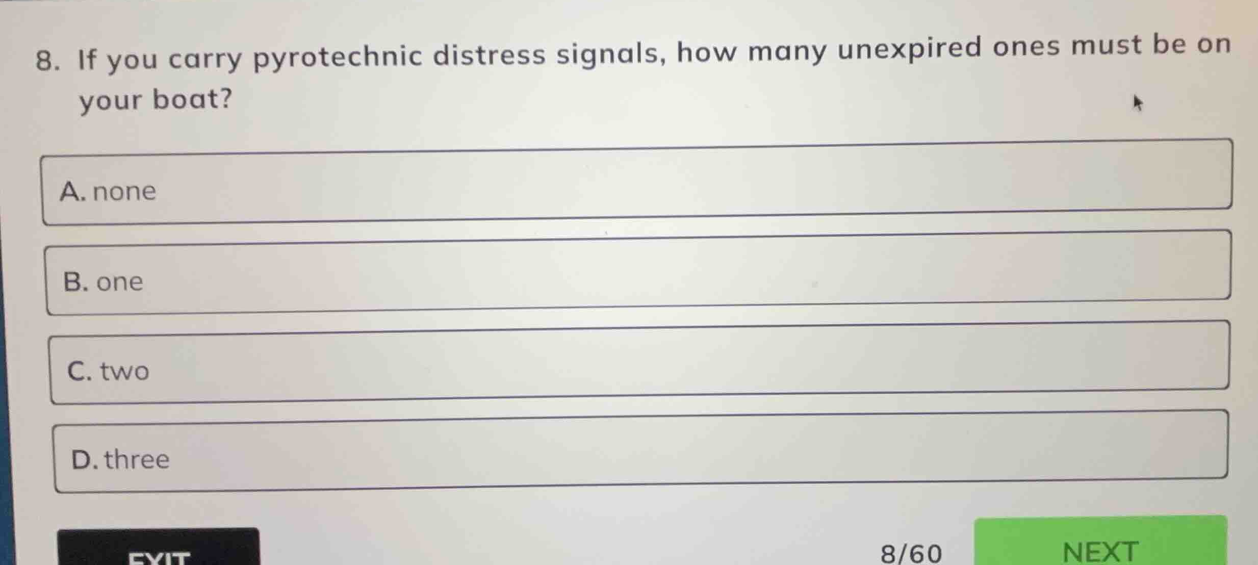 8. if you carry pyrotechnic distress signals, how many unexpired ones m…