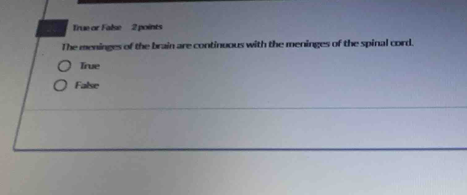 true or false 2 points the meninges of the brain are continuous with th…