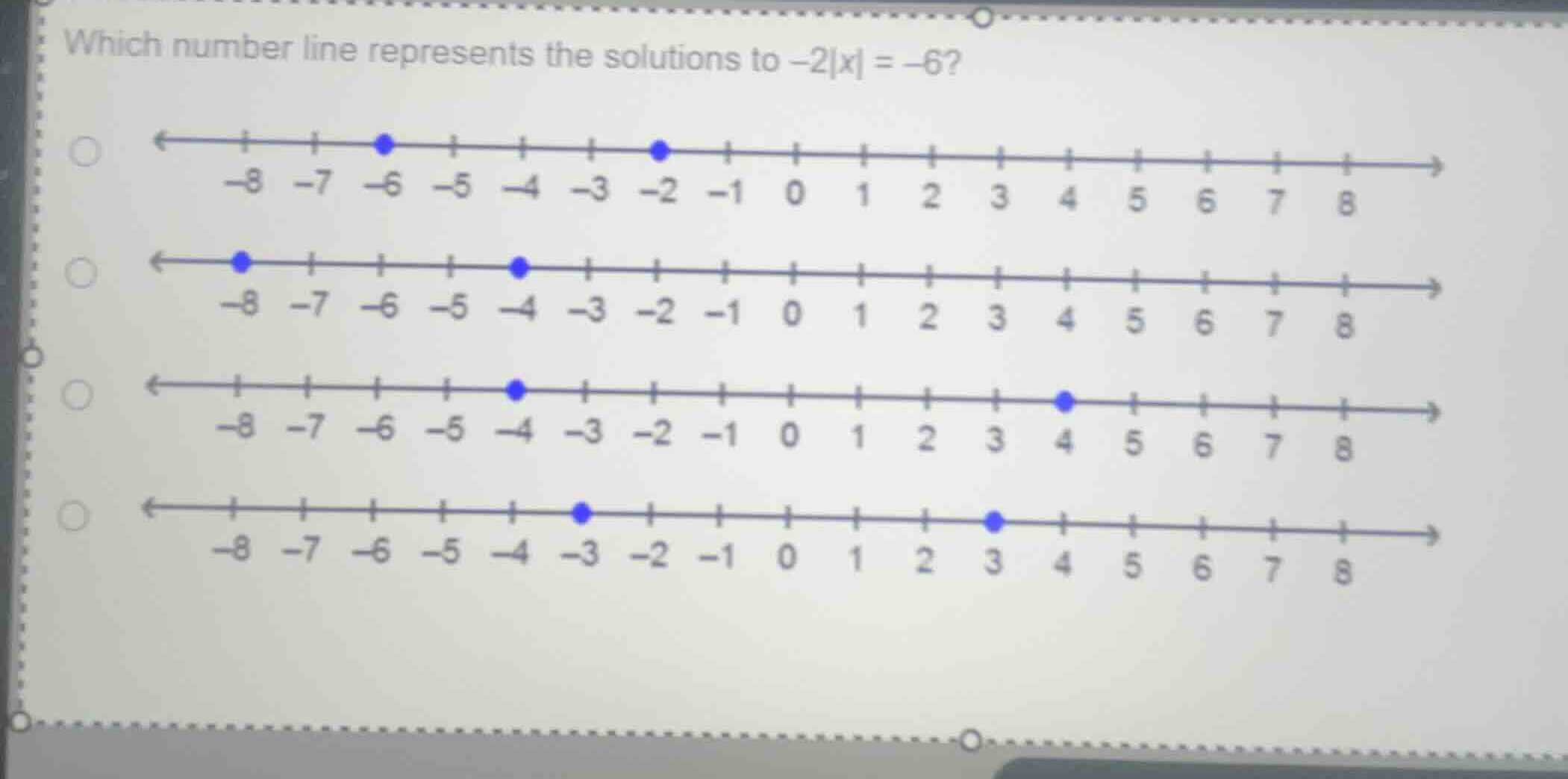 which number line represents the solutions to \\(-2|x| = -6\\)?