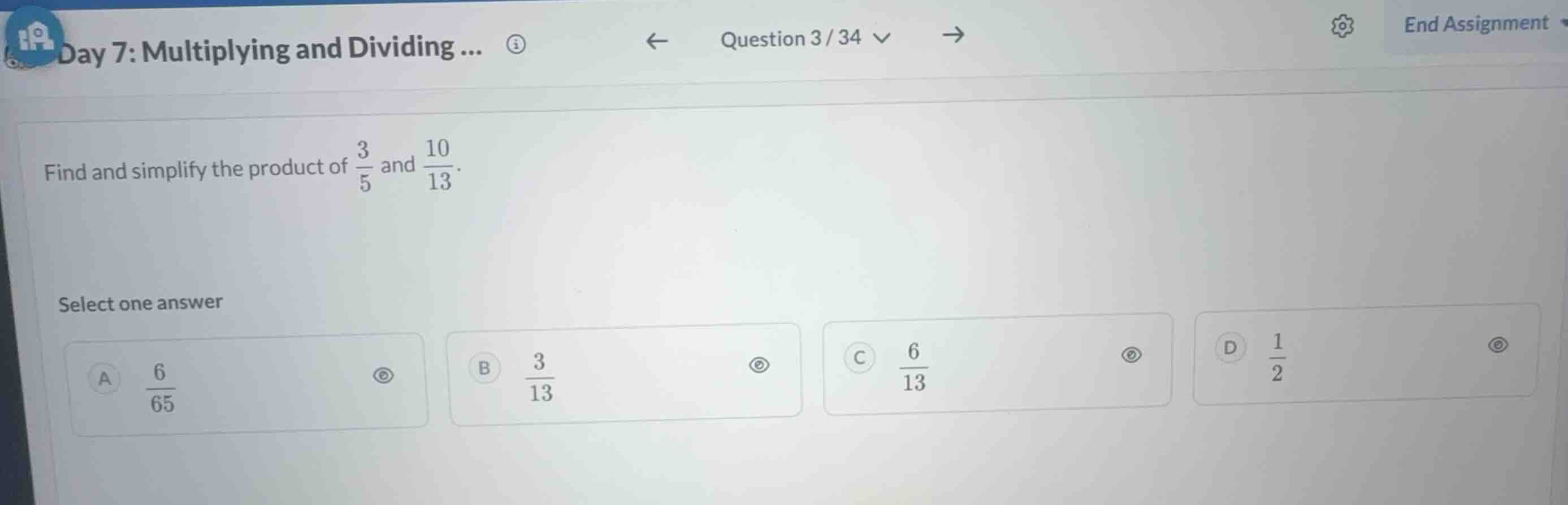 find and simplify the product of \\(\\frac{3}{5}\\) and \\(\\frac{10}{1…