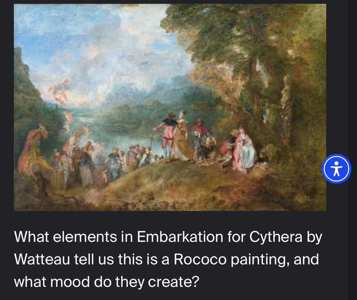what elements in embarkation for cythera by watteau tell us this is a r…