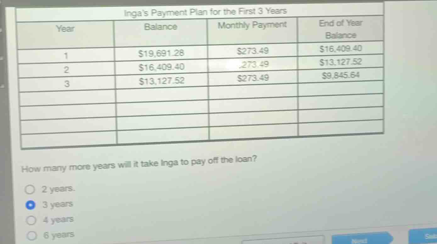 how many more years will it take inga to pay off the loan? 2 years. 3 y…