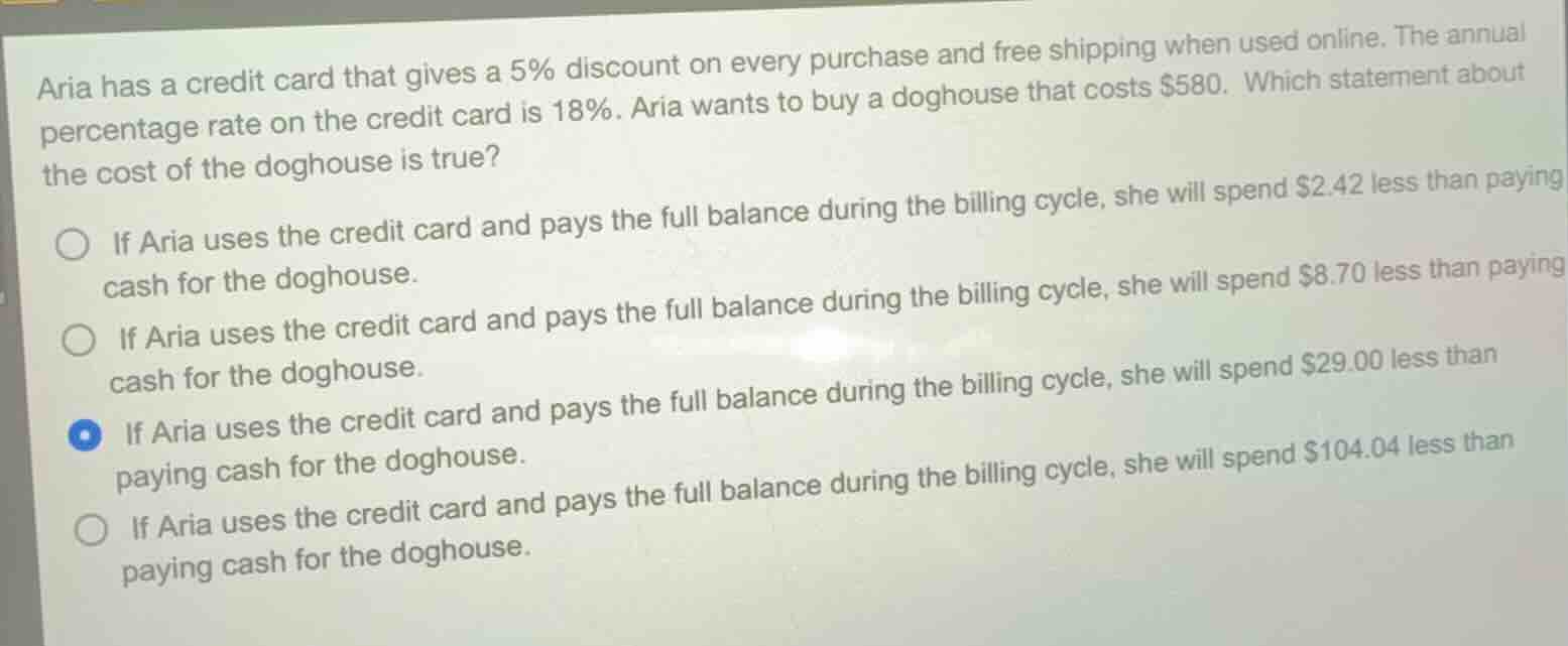 aria has a credit card that gives a 5% discount on every purchase and f…