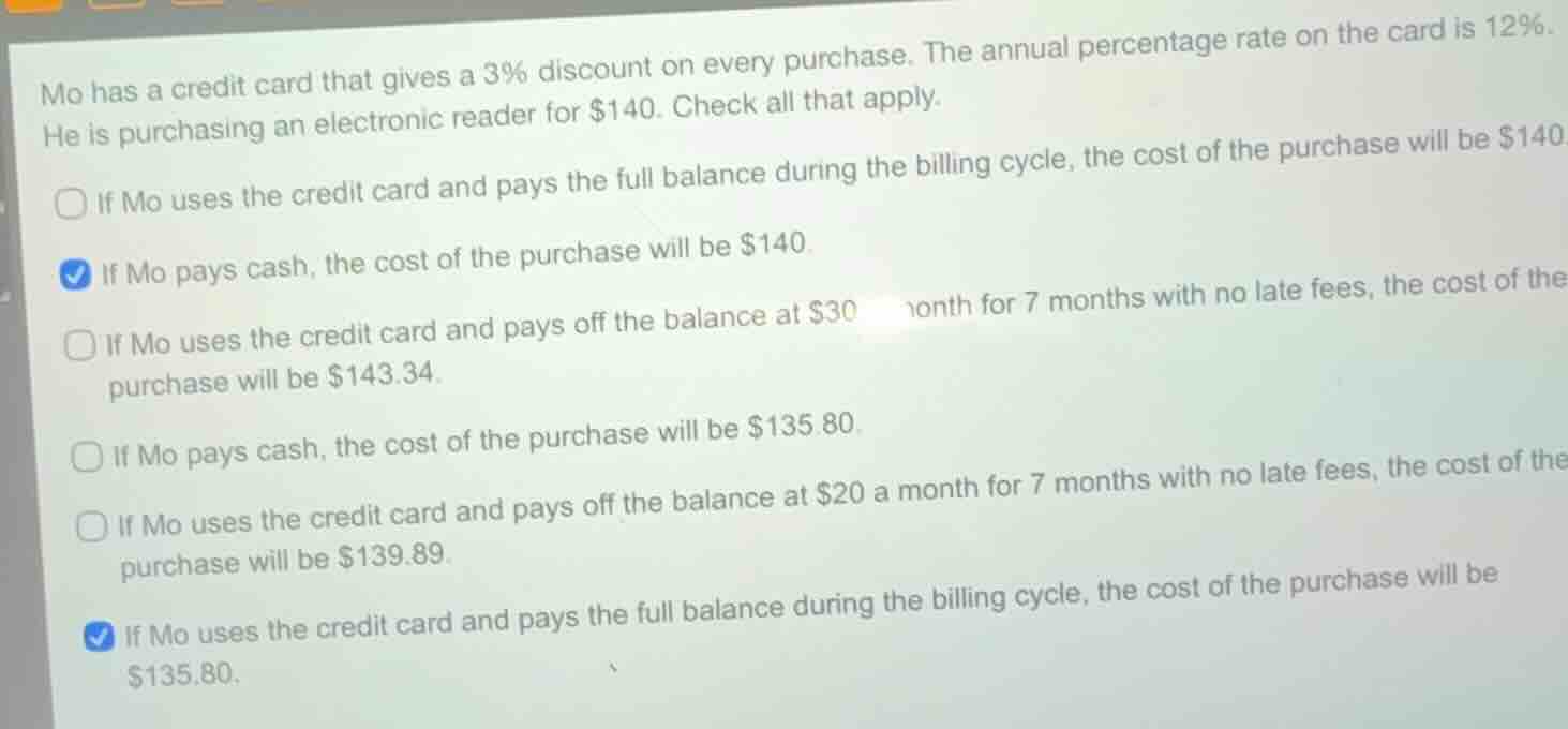 mo has a credit card that gives a 3% discount on every purchase. the an…