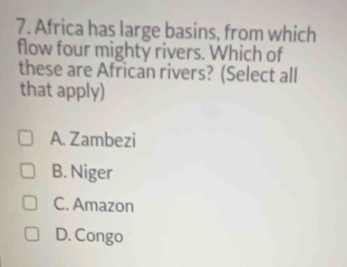 7. africa has large basins, from which flow four mighty rivers. which o…
