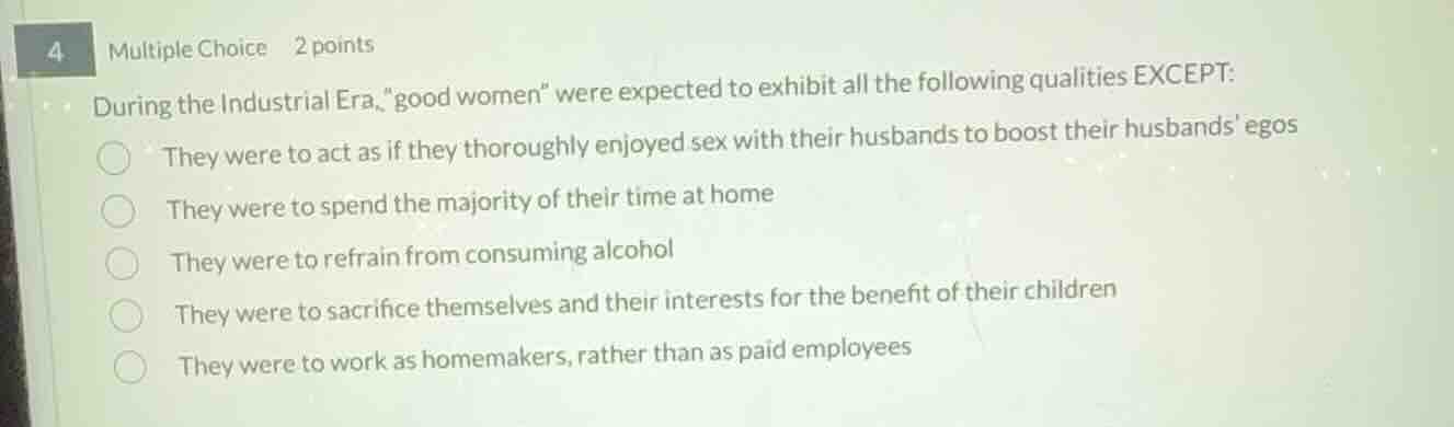 during the industrial era, \good women\ were expected to exhibit all th…